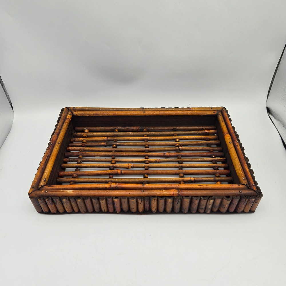 Vintage Dark Bamboo Rectangular Serving Tray Brass Nails Rustic Beachy Boho